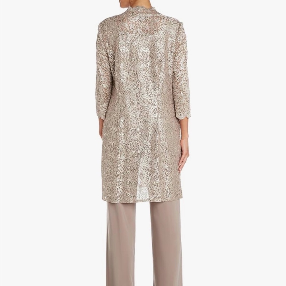 Sequined Lace Duster 3 Piece Formal Pants Suit in Mauve Taupe by R&M Richards - Picture 7 of 9